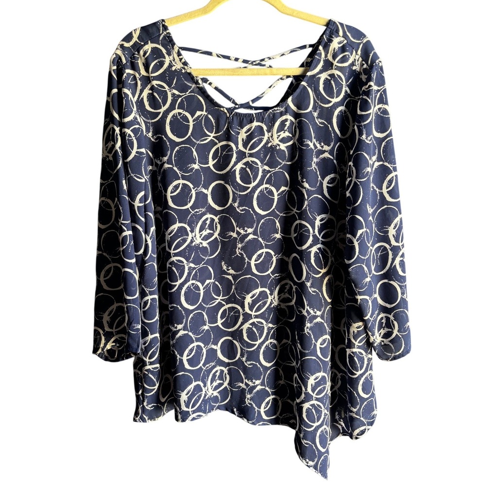 Avenue Womens Blouse Navy Blue Circle Print Lattice Back 18/20